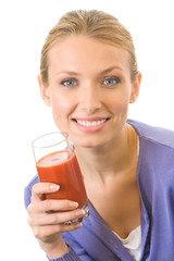 Young woman with glass of tomato juice, isolated on white