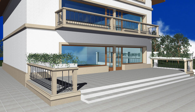 3D render of modern residential house against blue sky