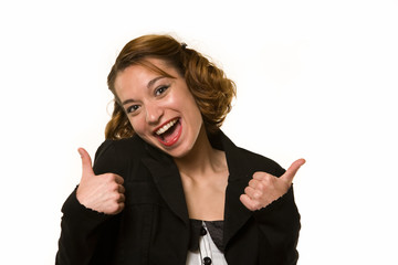 woman with two thumbs up with a laughing expression