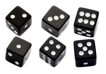 Six black dices on a over white background