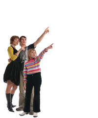 Happy family shows a hand aside