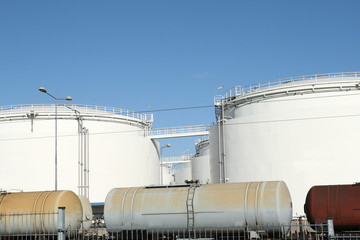 Gigantic fuel tanks in an industrial fuel storage