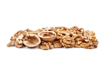 Walnuts kernels and nutshells isolated on the white background