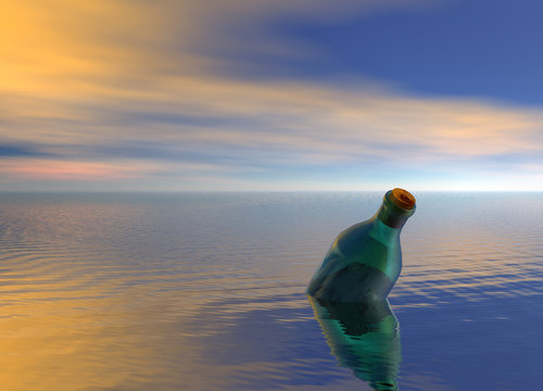 Message in a Green Bottle Floating on Ocean