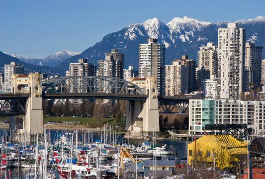 Burrard Bridge and Downtown Vancouver in sunny winter day..