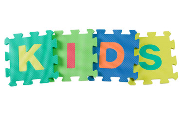 Alphabet blocks forming the word KIDS isolated on white