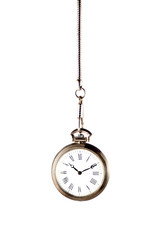 silver pocket watch with chain isolated on a white background