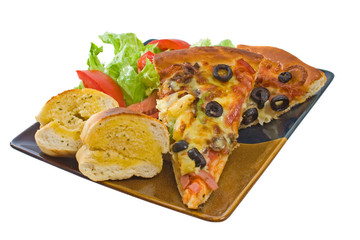 Supreme Pizza, Salad & Garlic Bread over white