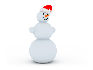 3d illustration of snowman in red santa`s hat