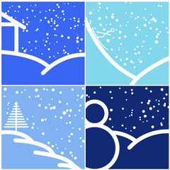 Four Wintery Blue Abstract Tiles House Ski Tree Snowman
