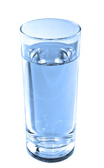 glass of water toned in blue over white background