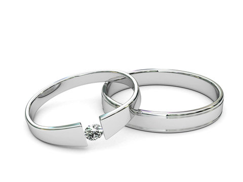 Platinum or silver rings with diamond on white background