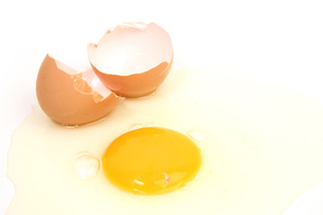 cracked egg with yolk spilt out on white background