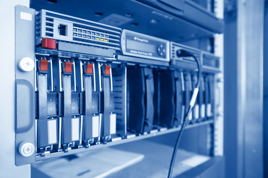 Blue toned image of datacenter equipment