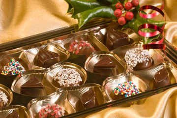 Assorted chocolate candy in a box with Christmas decoration