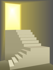 Flights of stairs up to a bright sun lit door