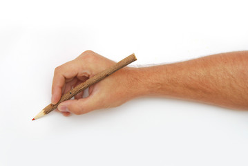 Male hand with red pencil over white background