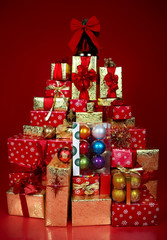 Christmas Presents and Gifts. Over red  background.