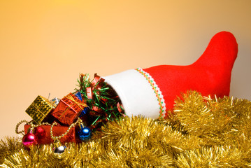 A Christmas stocking filled with holiday goodies.