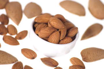 Almond shells and cores isolated on white backlit background