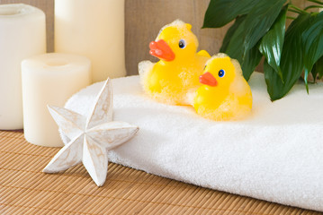 Rubber duck toys in bathroom setting