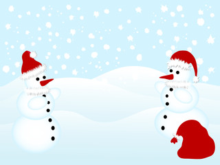Two snowmen with Santa's hats and sack