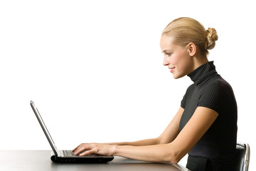 Naklejka premium Businesswoman, secretary or student with laptop, isolated
