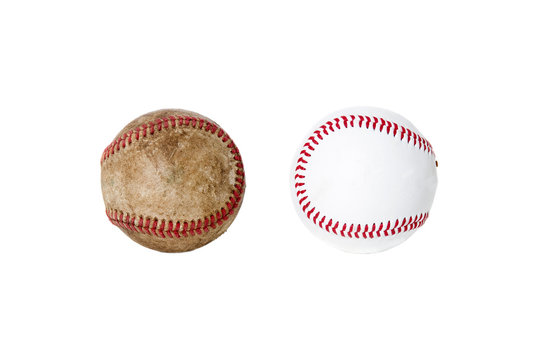 A worn baseball next to a new one. isolated on white