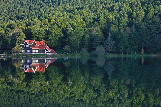 house at the forest lake with reflection
