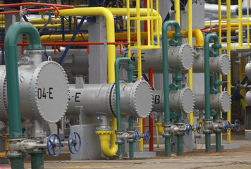 close up of industrial pipes of oil industry production