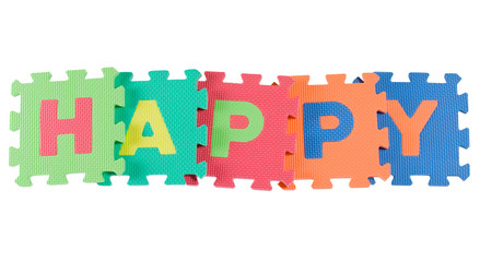 Alphabet blocks forming the word HAPPY isolated on white