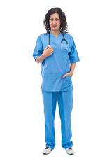 beautiful doctor on white background with a smile