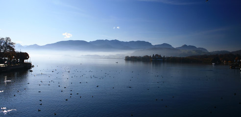 mountain landscape, lake and fog, mist, sun