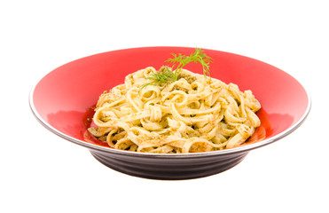 Spaghetti with pesto sauce and cheese