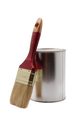 Can of paint with brush isolated on white