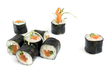 sushi rolls with salmon and cucumber on white