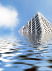 Office block with simulated flooded water effect