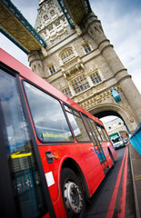 Classic london bus at Tower bridge close up.