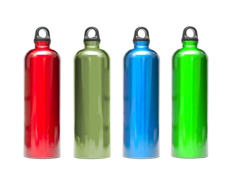 Metal Water Bottles In Different Colors Isolated On White