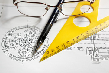 pencils, glasses and triangle