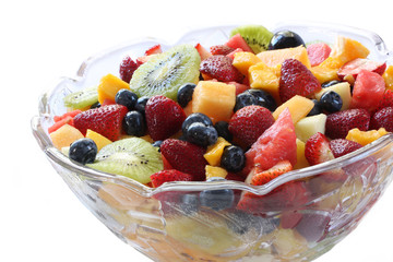 Glass bowl of luscious fresh fruit salad.