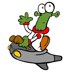 alien-astronaut on the board is greeting