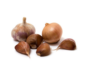 Garlic and onion on the white background
