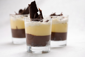 Delicious chocolate trifle with different layers as dessert