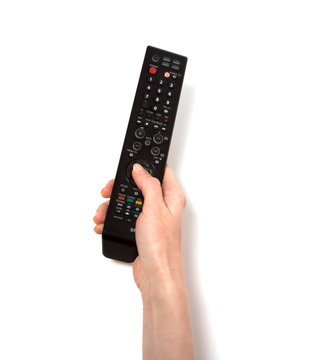 Hand Holding Tv Remote Control Isolated On White Background