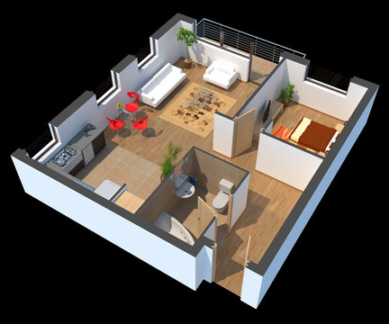 3D sectioned apartment with furniture with clipping path