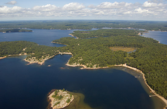 bird's-eye view on lake and islands