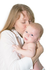 Newborn baby and mother on white background
