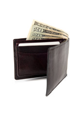 A brown leather wallet with money sticking out