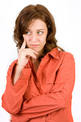 Portrait of a pensive woman on white background